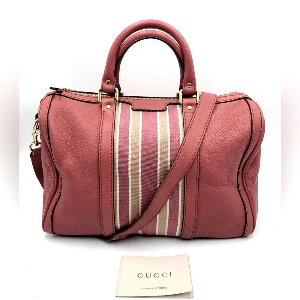 Auth Gucci Rose Pink Leather Web Line Boston Speedy 2way Tote Bag Preloved